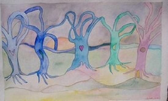 Technique mixte(aquarelle en majorité). Encadré.Arbres fantaisistes reliés par leurs branches. artwindow - Technique mixte(aquarelle en majorité). Encadré.Arbres fantaisistes reliés par leurs branches.