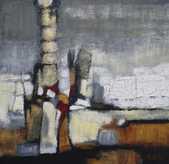 paysage à l'huile au couteau traitée dans des couleurs froides réchauffées par des touches de rouge artwindow - paysage à l'huile au couteau traitée dans des couleurs froides réchauffées par des touches de rouge