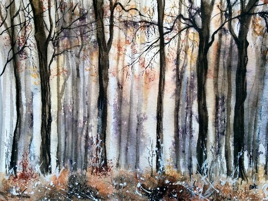 Sous-bois à contre-jour en hiver. Aquarelle avec passe-partout 50 x 40 artwindow - Sous-bois à contre-jour en hiver. Aquarelle avec passe-partout 50 x 40